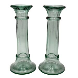 Vtg Indiana Glass Light Green Candlestick Holders Tapers Bud Vases Candleholders